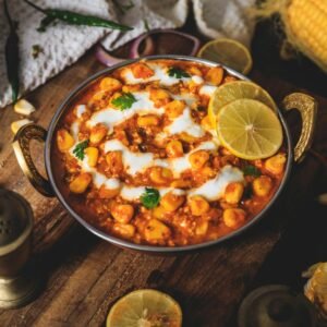 A mouth-watering Indian curry with lemon slices, perfect for food lovers.